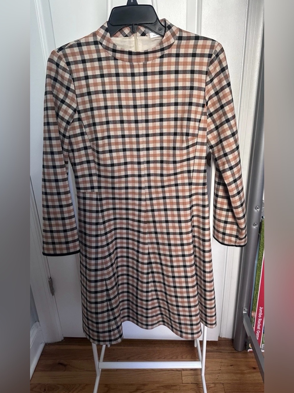 Marella By Max Mara Women's Natural Guana Plaid Long Sleeve A Line Dress Size 6